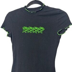 RLAB Black Neon Green Rose Trim Mock Neck Bodycon Mini Dress XS